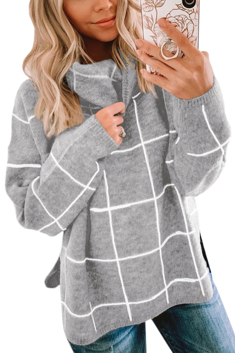ECOWISH Women Fall Pullover Sweater Turtleneck Plaid Long Sleeve Loose Casual Chunky Checked Knit Winter Sweaters Jumper Tops 014gray XL - Image 1